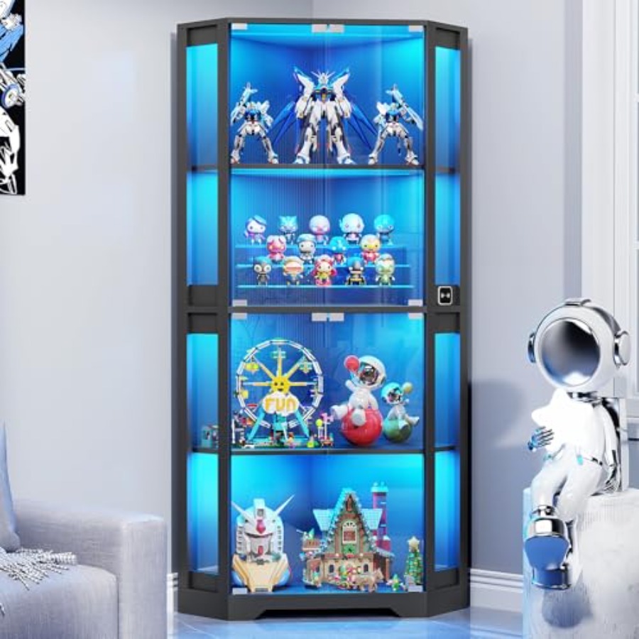Glass Cabinet Display - Verlichte hoekvitrine met glazen deuren voor