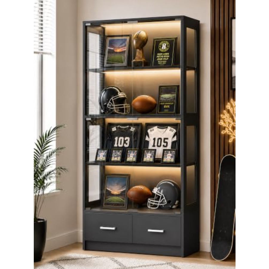 Glass Cabinet Display - 67-inch glazen vitrinekast voor sportmemorabilia, zwart