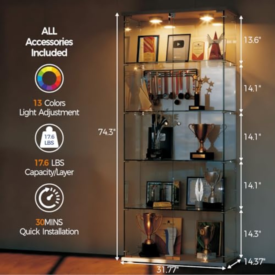 Vitrinekast met 5 planken, LED - Glass Cabinet Display recensie en prijs