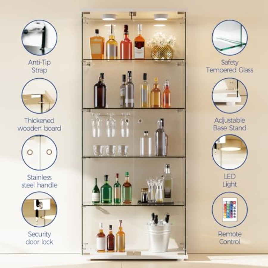 Vitrinekast met 5 planken, LED - Glass Cabinet Display recensie en prijs