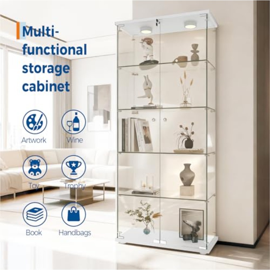 Vitrinekast met 5 planken, LED - Glass Cabinet Display recensie en prijs